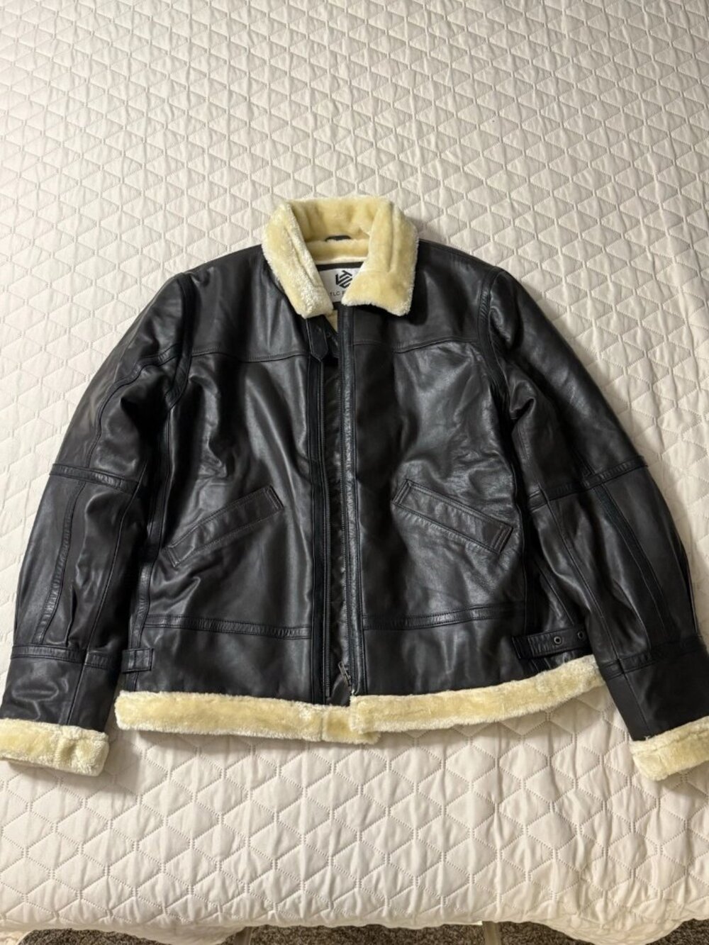 Men's Leather Bomber Jacket with Faux Fur Trim TLC Fashion Zip Buckle Size L